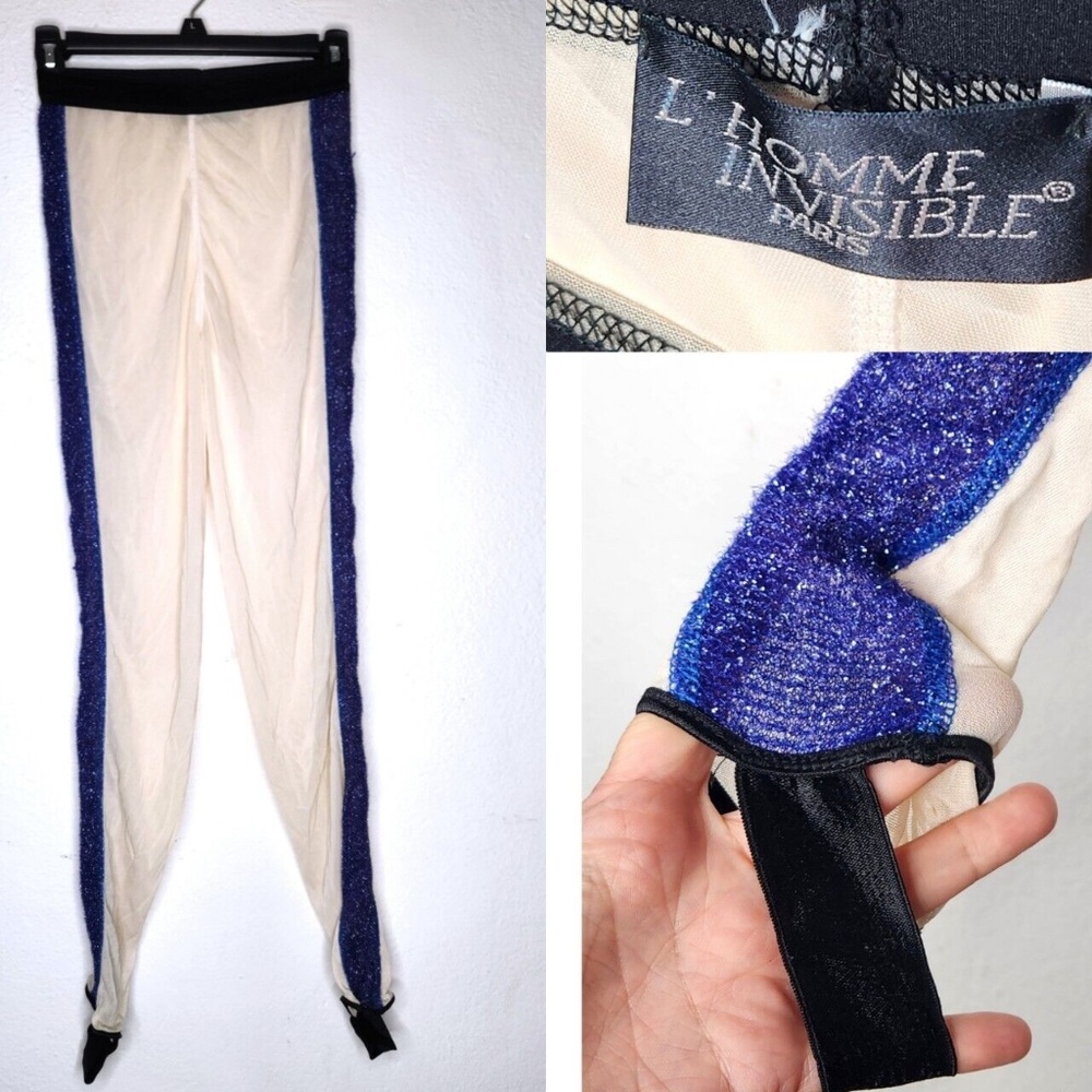 L'homme Invisible Nude Sheer Pants with Blue Stripe Ankle w/Under Feet Elastic S